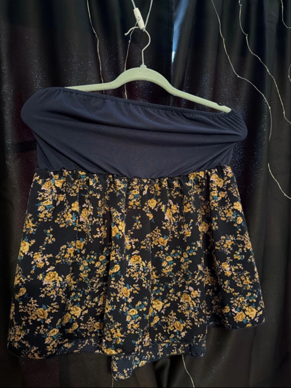 Strapless Floral Skater Dress - Navy and Mustard
